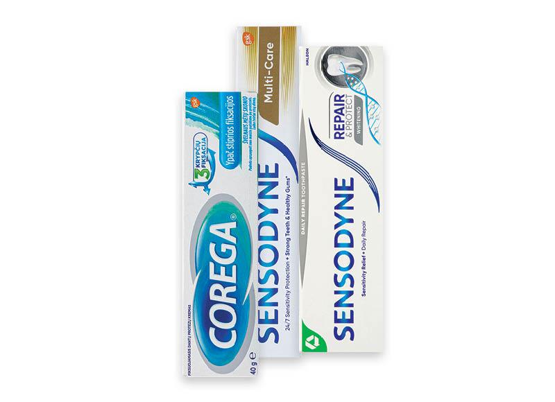 Burnos priežiūros priemonėms SENSODYNE ir COREGA