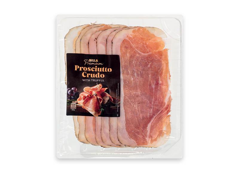 BILLA PREMIUM vytintas kumpis su trumais PROSCIUTTO CRUDO griežinėliais