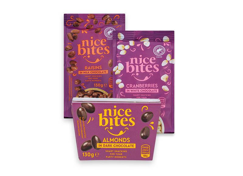 Razinos, spanguolės, riešutai šokolade NICE BITES