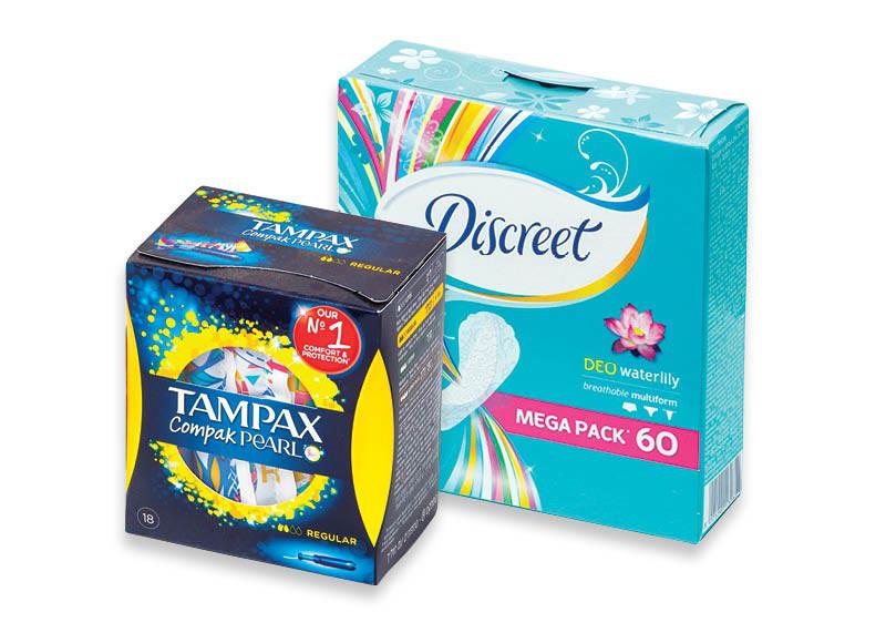 Prekė: Moterų higienos priemonėms DISCREET ir TAMPAX