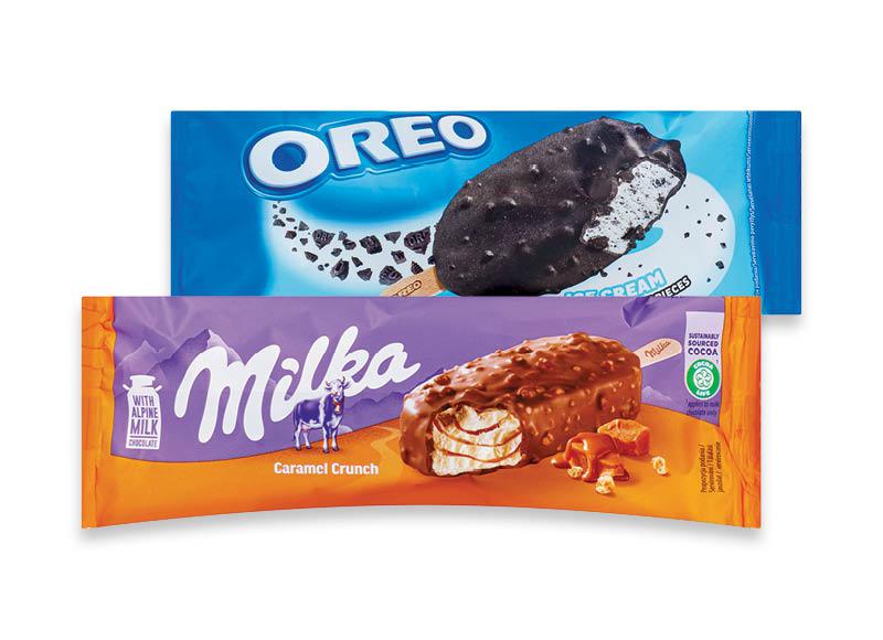 Ledams ant pagaliuko OREO ir MILKA