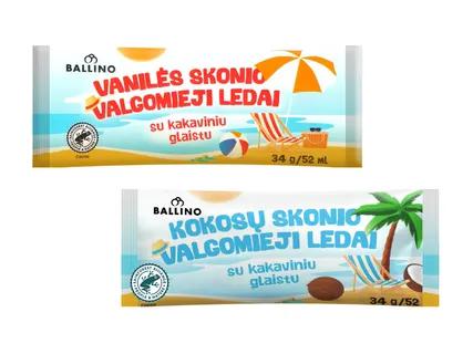 Ballino Vanilės arba kokosų skonio ledai ant pagaliuko