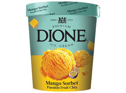 Mangų ir pasiflorų skonio valgomieji ledai indelyje DIONE*, 370 g