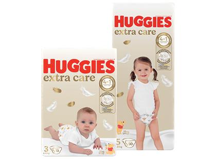 Sauskelnės HUGGIES EXTRA CARE*, 2 rūšių, 3; 5 dydžiai, 1 pak. (72; 50 vnt.)