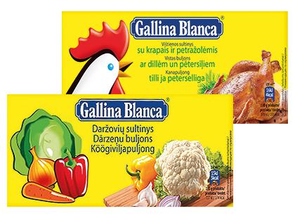 Daržovių; vištienos sultinio kubeliai GALLINA BLANCA*, 2 rūšių, 1 dėž. (12 kub. × 10 g)