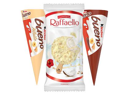 Valgomieji ledai RAFFAELLO; KINDER BUENO WHITE; KINDER BUENO*, 3 rūšių, 47–62 g