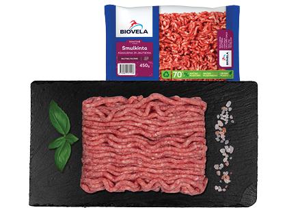 Atšaldyta smulkinta kiauliena ir jautiena BIOVELA, 18 % rieb., 450 g