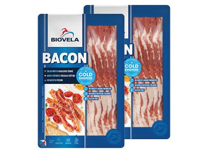 Pjaustyta šaltai rūkyta kiaulienos šoninė BIOVELA*, a. r., 2 pak. × 140 g