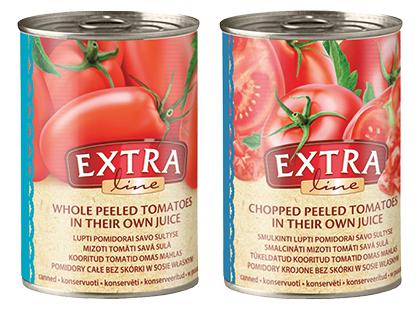 Konservuoti lupti; smulkinti pomidorai EXTRA LINE savo sultyse, 400 g