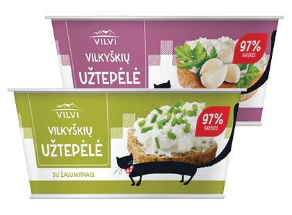 VILKYŠKIŲ varškės užtepėlė su žalumynais; česnakais*, 3 rūšių, 18 % rieb., 2 ind. × 150 g