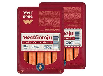 Prekė: MEDŽIOTOJŲ karštai rūkytos dešrelės WELL DONE*, a. r., 2 pak. × 260 g