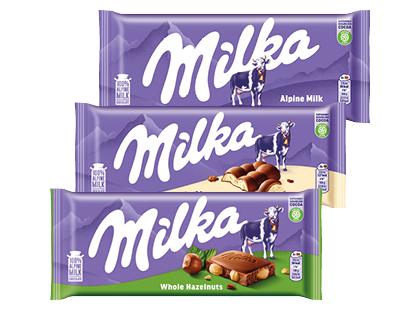 Pieninis šokoladas MILKA, 3 rūšių, 95–100 g