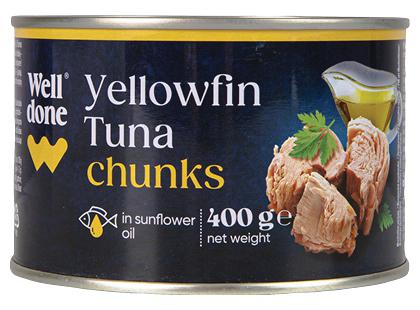Gelsvauodegių tunų gabaliukai saulėgražų aliejuje WELL DONE*, 400 g