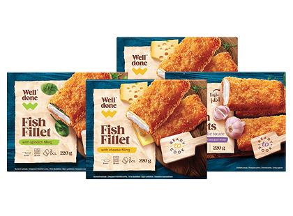 Šaldyta žuvų; rudagalvių menkių filė su įdaru WELL DONE*, 3 rūšių, 2 vnt. × 220 g