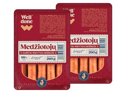 Karštai rūkytos MEDŽIOTOJŲ dešrelės WELL DONE*, a. r., 2 pak. × 260 g