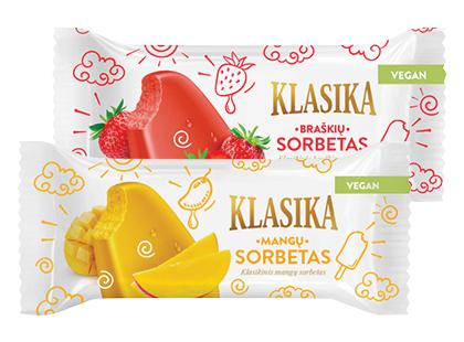 Braškių; mangų sorbetas KLASIKA*, 2 rūšių, 73 g