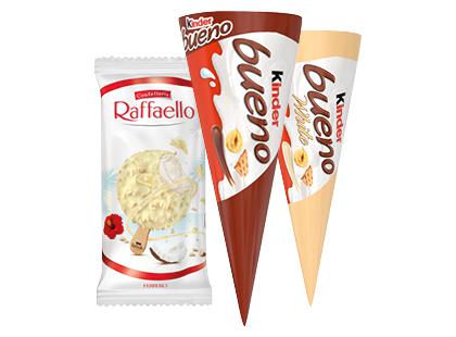 Prekė: Valgomieji ledai KINDER BUENO; RAFFAELLO; KINDER BUENO WHITE*, 3 rūšių, 47–62 g