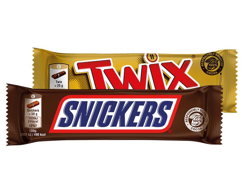 Šokoladinis batonėlis SNICKERS; TWIX, 2 rūšių, 50 g