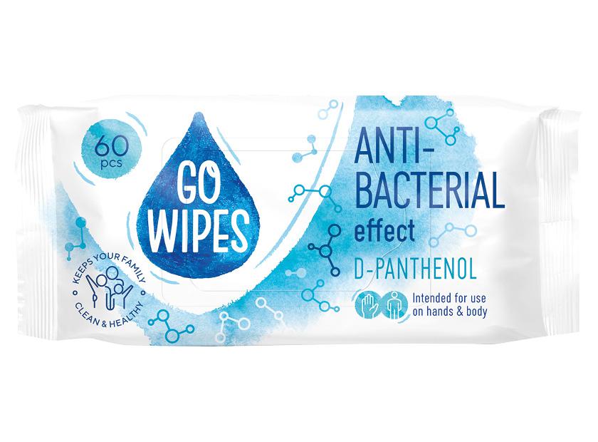 Prekė: Drėgnosios antibakterinės servetelės GO WIPES D-PANTHENOL, 1 pak. (60 vnt.)
