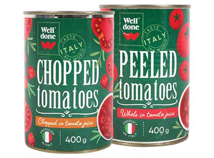 Konservuoti smulkinti; lupti pomidorai WELL DONE ITALY, 2 rūšių, 400 g