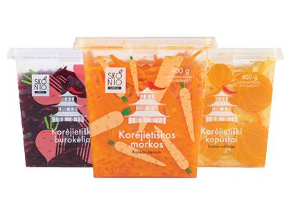 Prekė: Korėjietiškos morkos; burokėliai; kopūstai SKONIO LINIJA*, 3 rūšių, fasuotos, 400 g