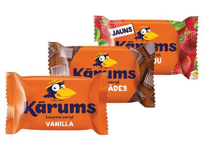 Prekė: Glaistytas varškės sūrelis KARUMS*, 15 rūšių, 22,5–23,5 % rieb., 3 vnt. × 45 g