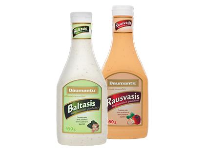 BALTASIS; RAUSVASIS majonezinis DAUMANTŲ padažas*, 2 rūšių, 25 % rieb., 450 g