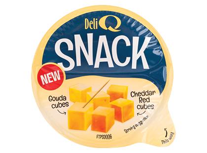 Čederio ir gaudos kubeliai DELI Q SNACK*, 48 % rieb. s. m., 100 g