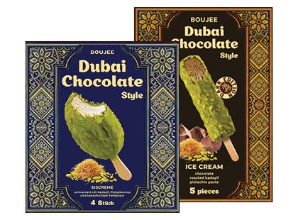 Valgomieji Dubajaus šokolado stiliaus ledai ant pagaliuko BOUJEE*, 2 rūšių, 220–225 g