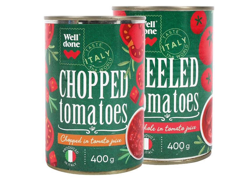 Konservuoti smulkinti; lupti pomidorai WELL DONE, 2 rūšių, 400 g