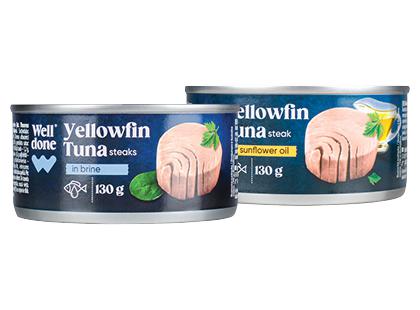 Tunų pjausniai savose sultyse; saulėgrąžų aliejuje WELL DONE*, 2 rūšių, 185 g