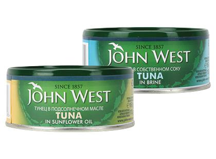 Tunai saulėgrąžų aliejuje; savo sultyse JOHN WEST*, 2 rūšių, 160 g