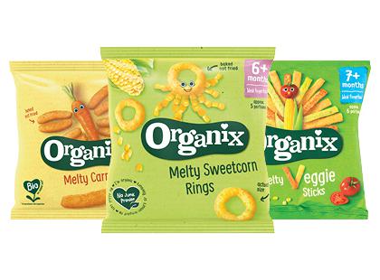 Daržovių lazdelės; žiedai ORGANIX*, 3 rūšių, 15–20 g