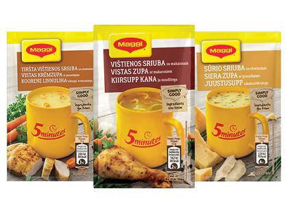 Greitai paruošiama vištienos; sūrio sriuba MAGGI 5 MINUTES*, 8 rūšių, 3 pak. × 12–19 g