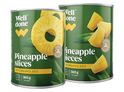 Ananasų griežinėliai; gabaliukai sirupe WELL DONE*, 2 rūšių, 565 g