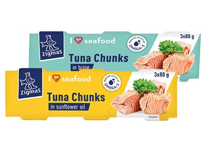 Tunų gabaliukai ZIGMAS*, 2 rūšių, 1 pak. (3 vnt. × 80 g)
