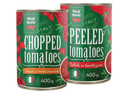 Smulkinti; lupti konservuoti pomidorai WELL DONE ITALY*, 2 rūšių, 400 g