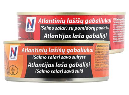 Atlantinių lašišų gabaliukai NORVELITA savo sultyse; pomidorų padaže*, 2 rūšių, 230 g