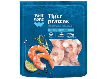 Šaldytos virtos didžiosios tigrinės krevetės be kiautų WELL DONE*, 225 g