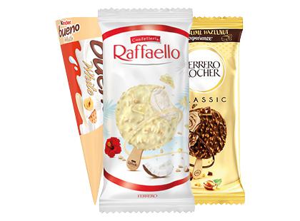 Valgomieji ledai RAFFAELLO; KINDER BUENO WHITE; FERRERO ROCHER*, 3 rūšių, 47–62 g