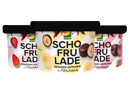 Šaldyti bananai; braškės; avietės šokolade SCHO FRU LADE*, 3 rūšių, 130 g