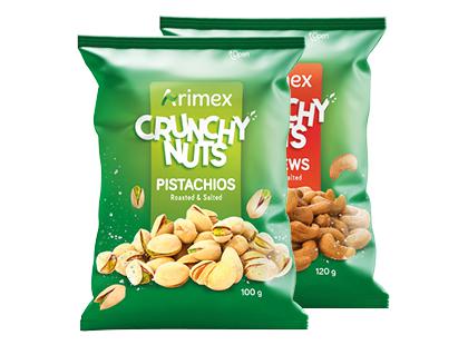 Kepintos ir sūdytos pistacijos; anakardžiai CRUNCHY ARIMEX*, 2 rūšių, 100–120 g