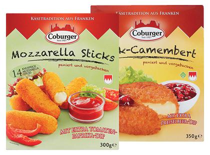 Kepamosios mocarelos lazdelės; kepamasis kamamberas COBURGER*, 2 rūšių, 45 % rieb. s. m., 300–350 g