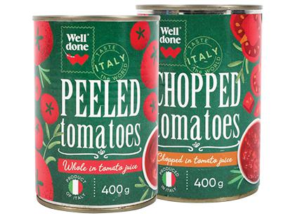 Konservuoti lupti pomidorai WELL DONE, 2 rūšių, 400 g