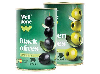Prekė: Juodosios; žaliosios alyvuogės be kauliukų WELL DONE, 2 rūšių, 270–280 g