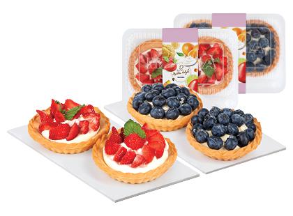 Tartaletės su maskarponės kremu ir braškėmis; šilauogėmis*, 2 rūšių, fasuotos, 1 pak. (2 vnt.×85 g)