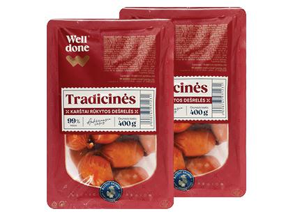 TRADICINĖS karštai rūkytos sardelės WELL DONE*, a. r., 2 pak. × 400 g