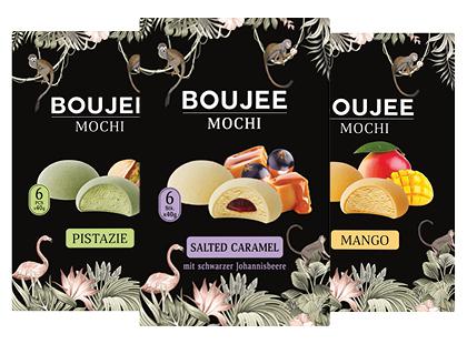 Šaldyti močiai su ledų įdaru BOUJEE*, 3 rūšių, 1 dėž. (6 pak. × 40 g)