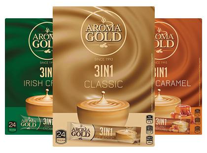 Tirpiosios kavos gėrimas AROMA GOLD*, 3 rūšių, 1 dėž. (24 pak.)