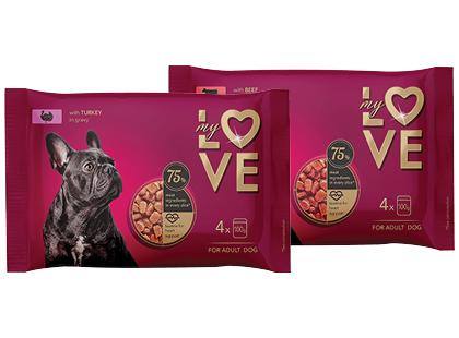 Visavertis konservuotas šunų ėdalas MY LOVE*, 2 rūšių, 4 pak. × 10 g